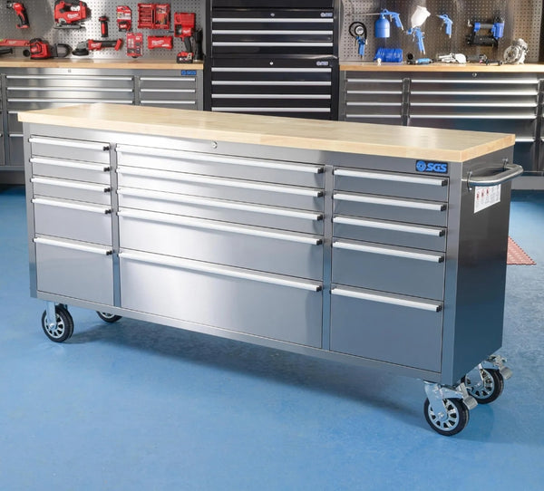 SGS 72in Stainless Steel 15 Drawer Work Bench Tool Box Chest Cabinet