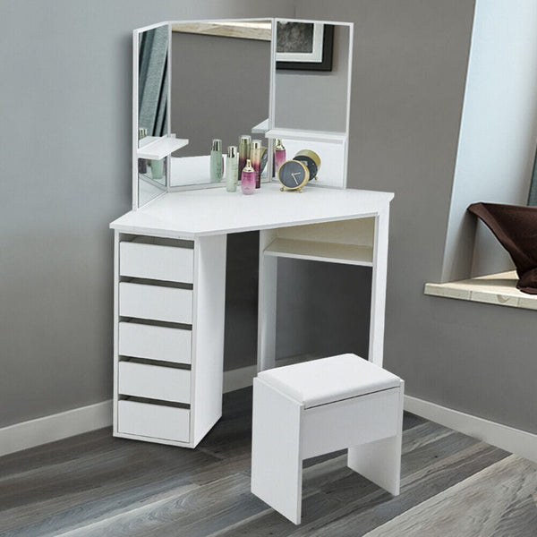 White Corner Dressing Table Makeup Desk Vanity Table 5 Drawers with Stool Mirror